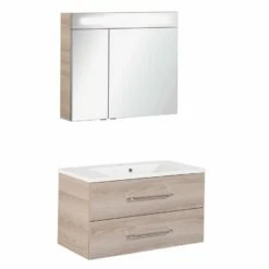 Fackelmann Badmöbelset B.Clever 90 Cm Mit Spiegelschrank, Alaska Esche