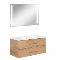 Fackelmann Badmöbelset B.Perfekt 100 Cm Mit Spiegel, Ast Eiche