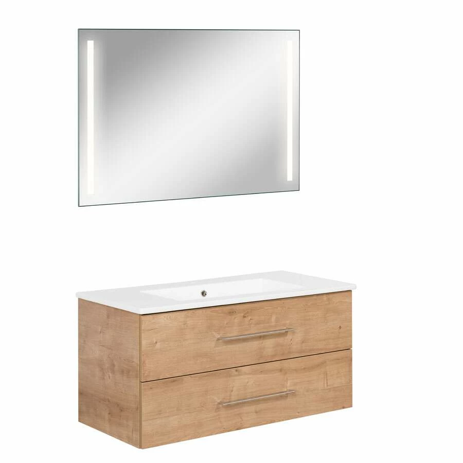 Fackelmann Badmöbelset B.Perfekt 100 Cm Mit Spiegel, Ast Eiche