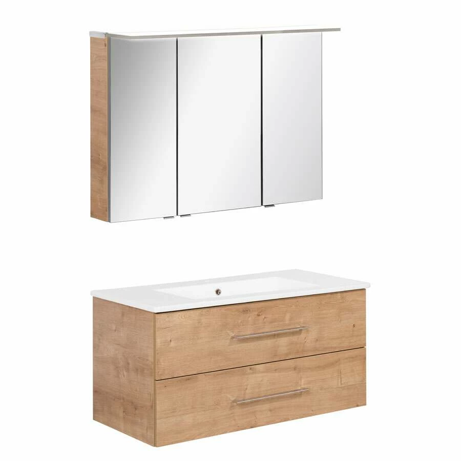 Fackelmann Badmöbelset B.Perfekt 100 Cm Mit Spiegelschrank, Ast Eiche