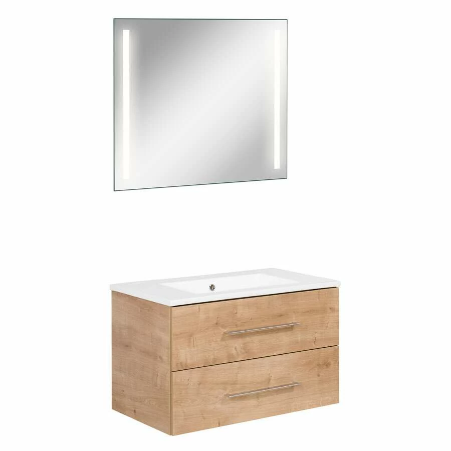 Fackelmann Badmöbelset B.Perfekt 80 Cm Mit Spiegel, Ast Eiche