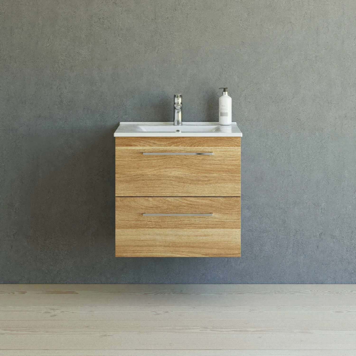 Dansani Mido+ Möbelset Mit Amber Keramik Waschtisch Und 2 Schubladen Warme Eiche 61 Cm