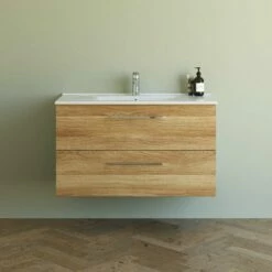 Dansani Mido+ Möbelset Mit Amber Keramik Waschtisch Und 2 Schubladen Warme Eiche 101 Cm