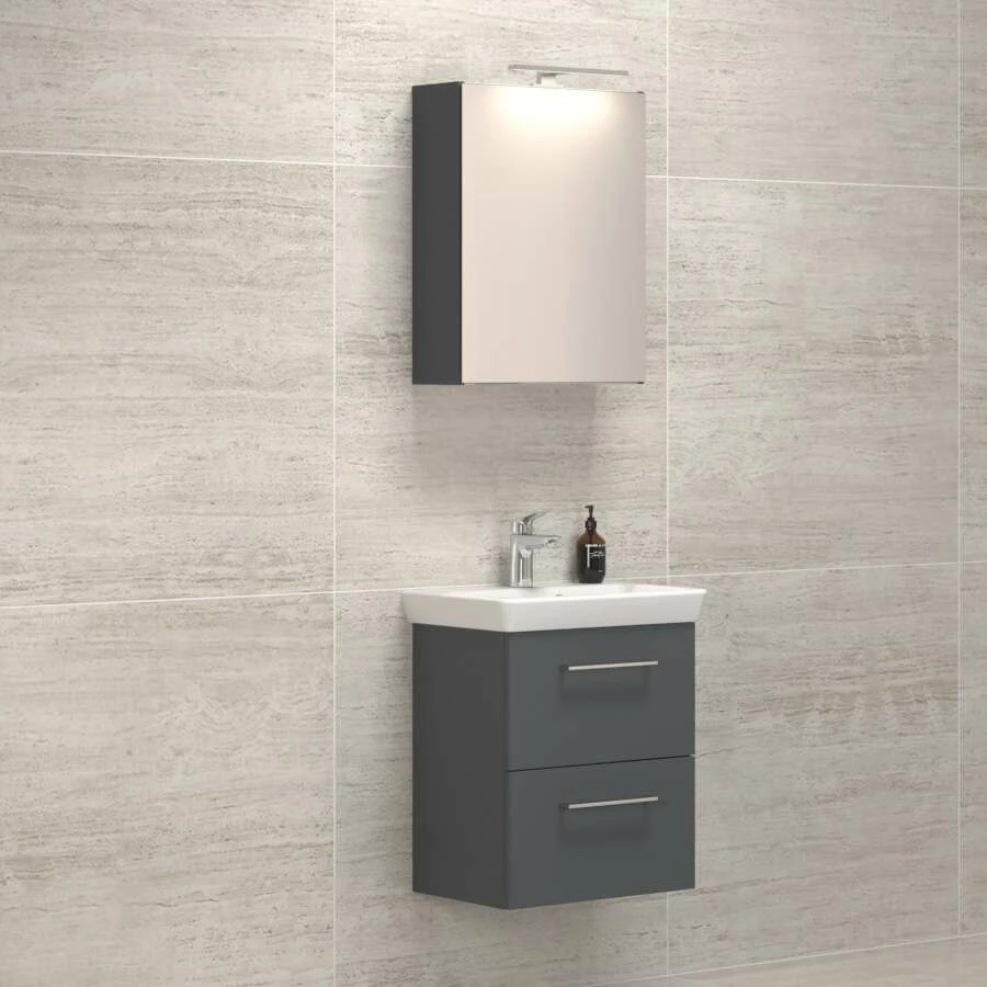 Dansani Spar-Set Multo+ Lotto Mit Spiegelschrank Und Lampe Grau Matt 55 Cm