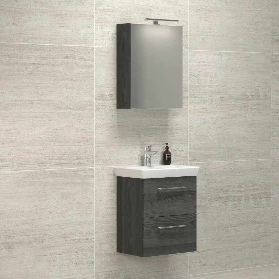 Dansani Spar-Set Multo+ Lotto Mit Spiegelschrank Und Lampe Pine Grey 55 Cm