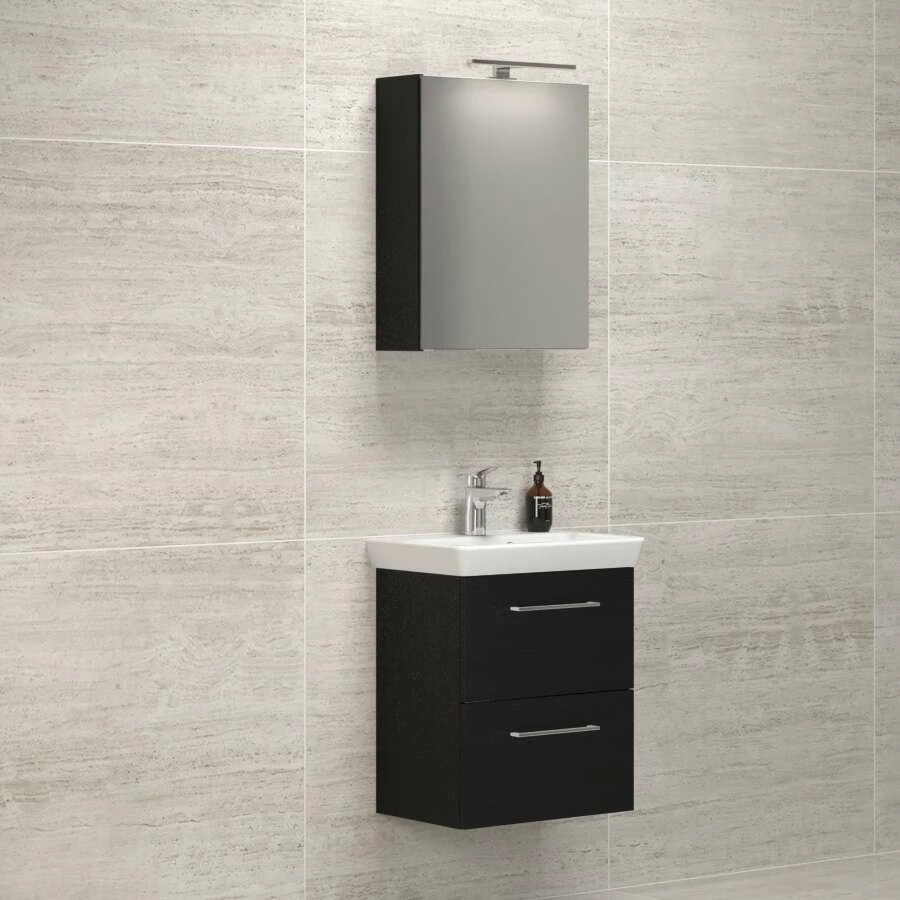 Dansani Spar-Set Multo+ Lotto Mit Spiegelschrank Und Lampe Schwarz Struktur 55 Cm