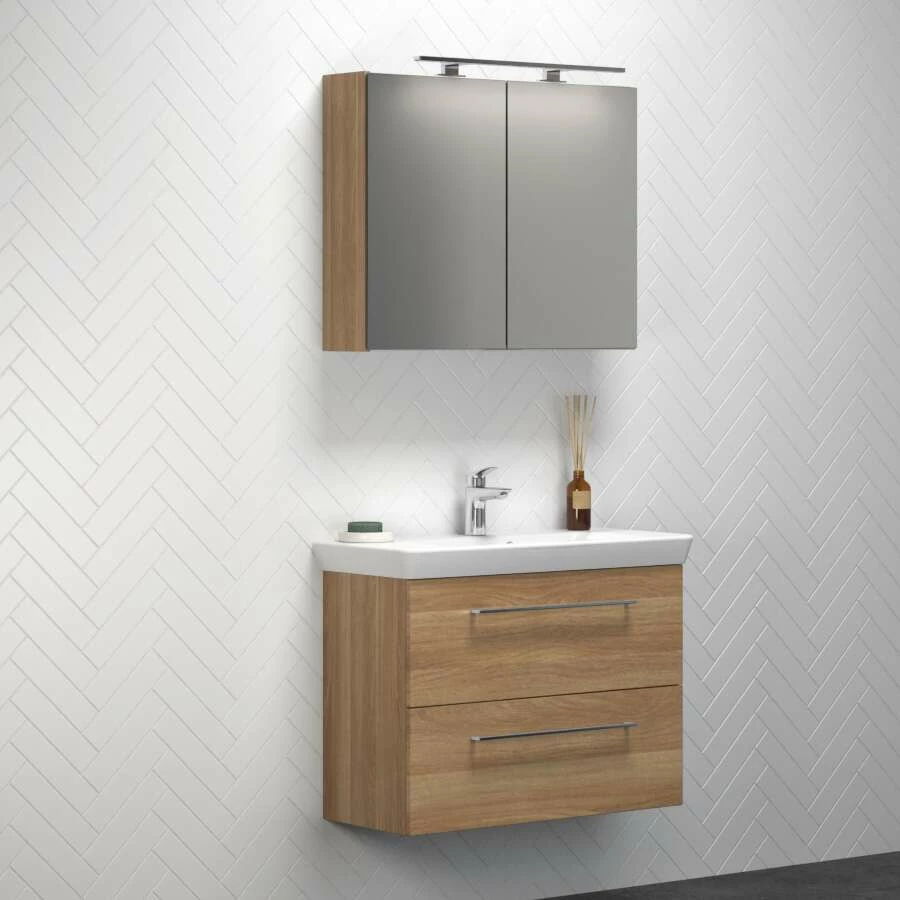 Dansani Spar-Set Multo+ Lotto Mit Spiegelschrank Und Lampe Warme Eiche 85 Cm