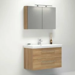 Dansani Spar-Set Multo+ Lotto XL Mit Spiegelschrank Und Lampe Warme Eiche 105 Cm