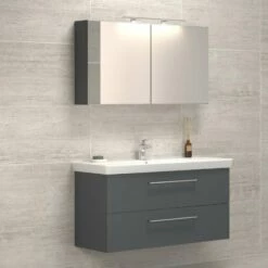 Dansani Spar-Set Multo+ Lotto XL Mit Spiegelschrank Und Lampe Grau Matt 125 Cm