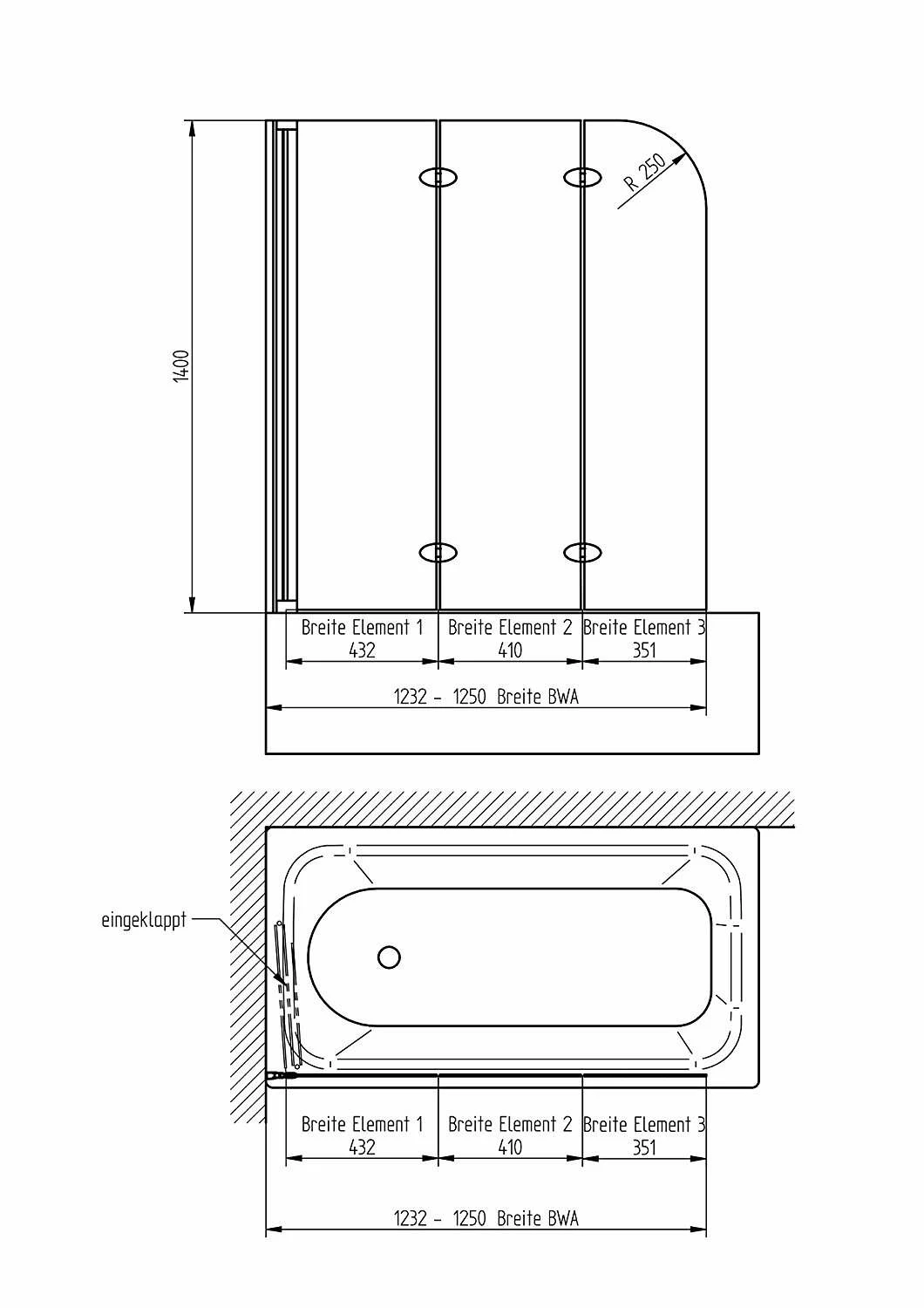 Schulte Hamburg Badewannenfaltwand Milchglas 3 Teilig 140x125 Cm – Bild 5