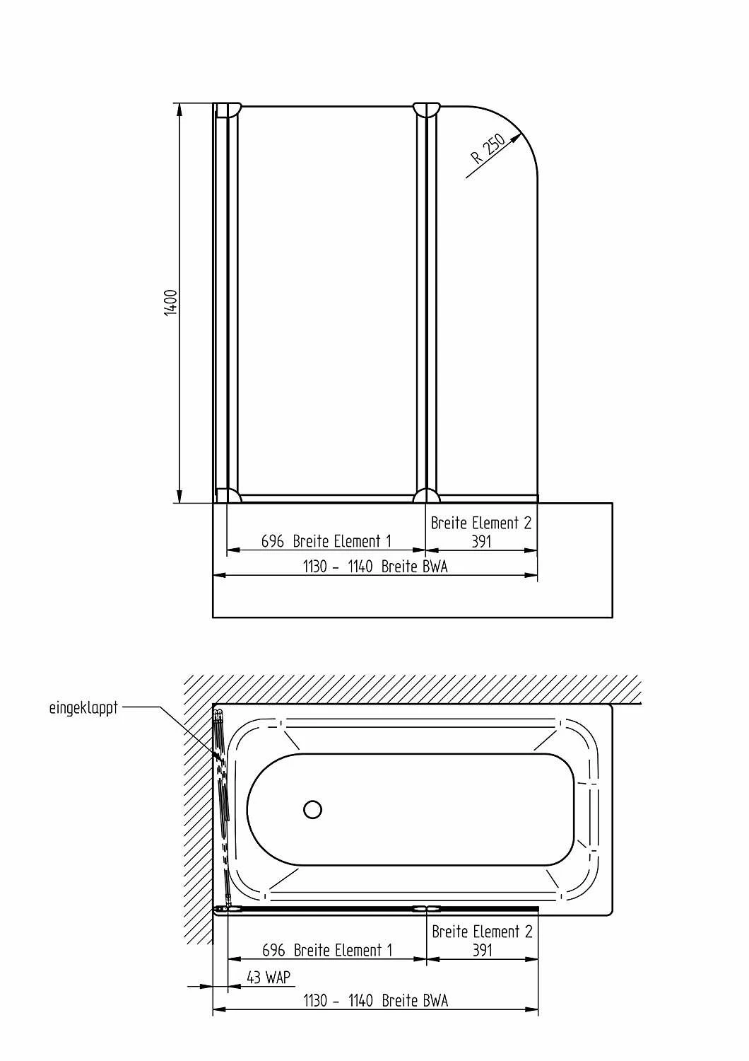 Schulte Badewannenfaltwand Köln 140x114 Cm ESG Klar Hell Alu Natur – Bild 3